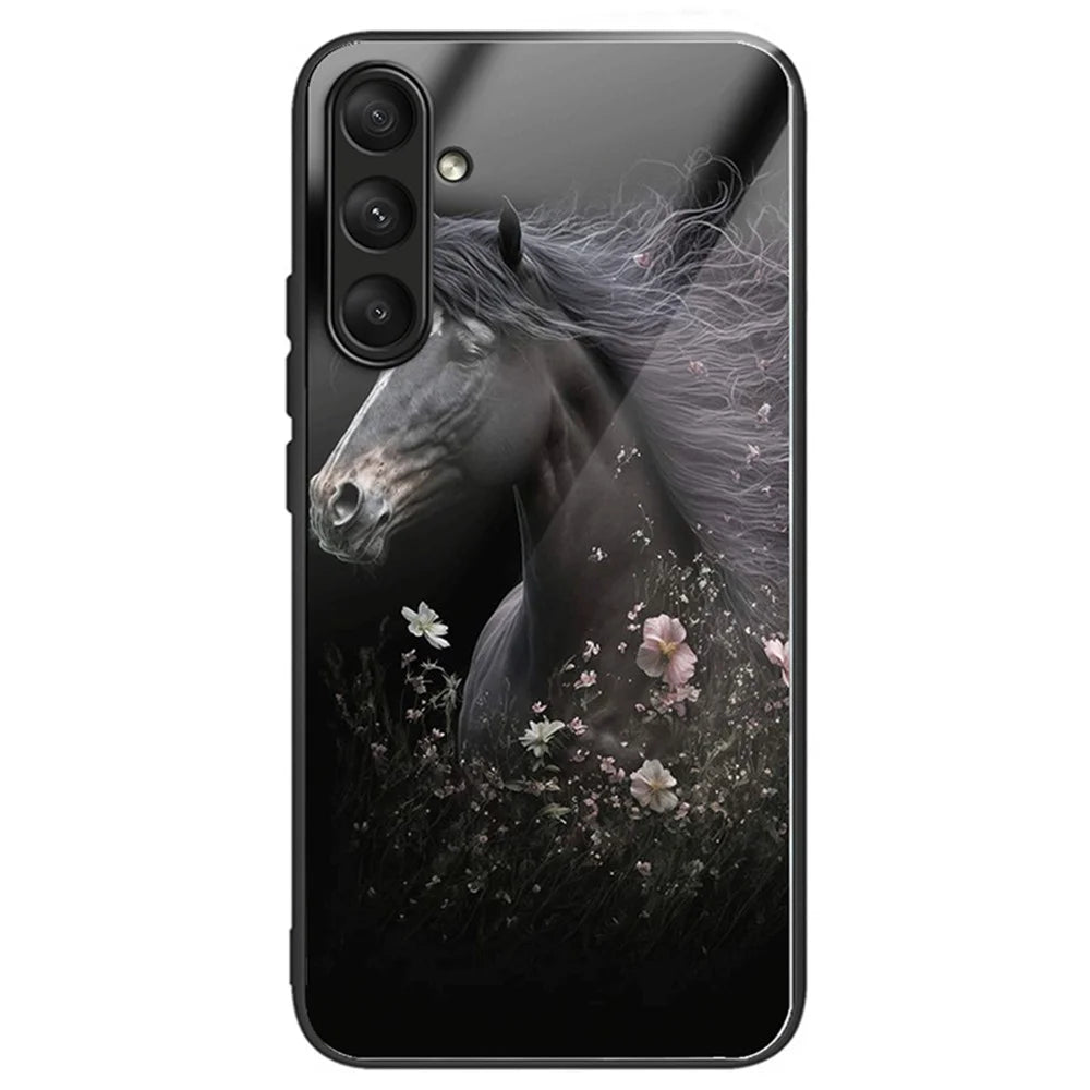 For Samsung Galaxy A25 5G (Global) (161.0 x 76.5 x 8.3mm) Pattern Printing Phone Case Tempered Glass+TPU+PC Cover - Horse and Flower - 1