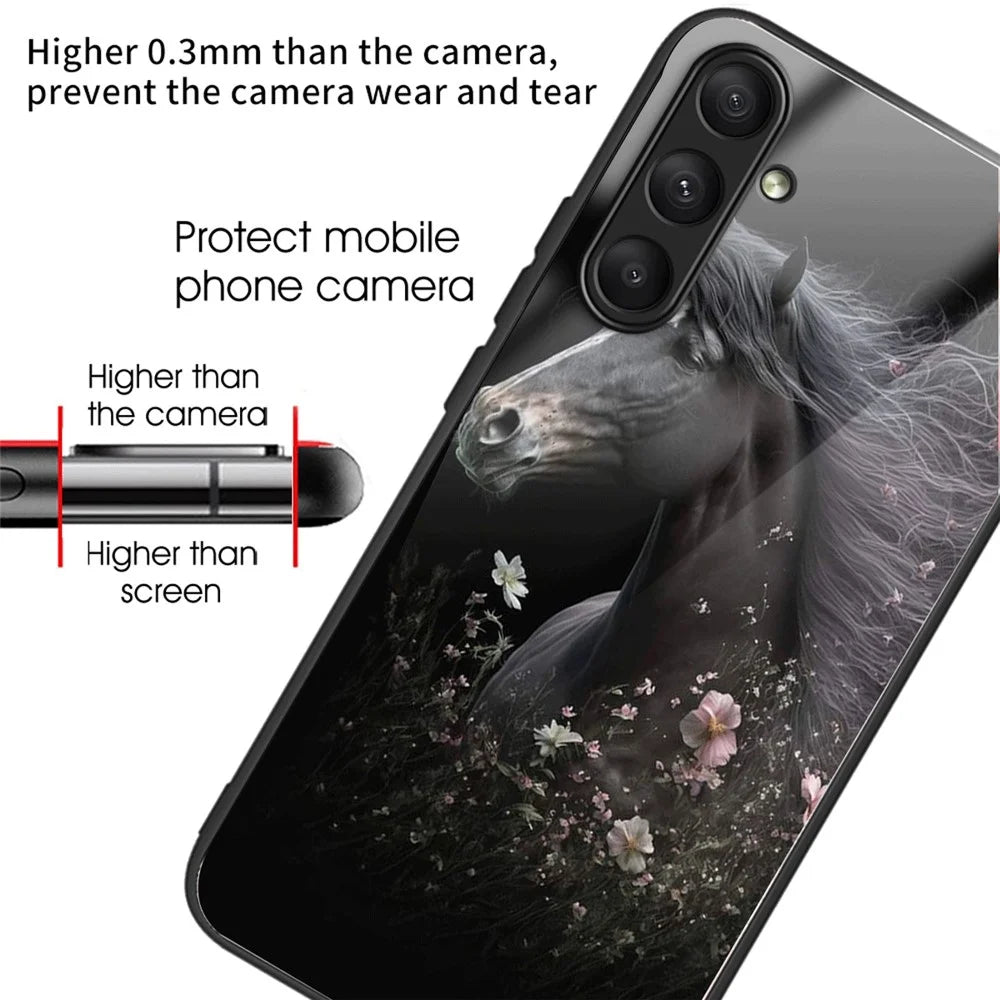 For Samsung Galaxy A25 5G (Global) (161.0 x 76.5 x 8.3mm) Pattern Printing Phone Case Tempered Glass+TPU+PC Cover - Horse and Flower - 2