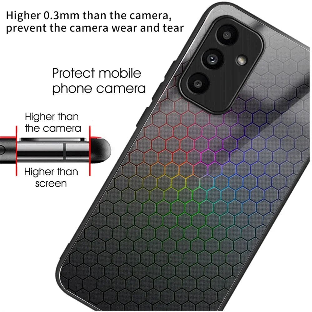 For Samsung Galaxy A15 4G / 5G Case Pattern Printing Tempered Glass+TPU+PC Anti-scratch Phone Cover - Colorful Honeycomb - 2