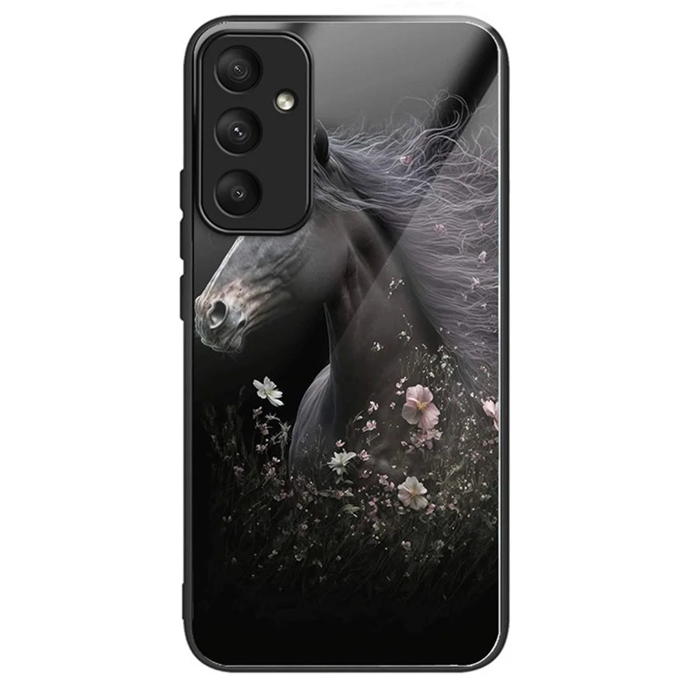 For Samsung Galaxy A55 5G Tempered Glass Bump Proof Phone Cover Pattern Printing Case - Horse and Flower - 1