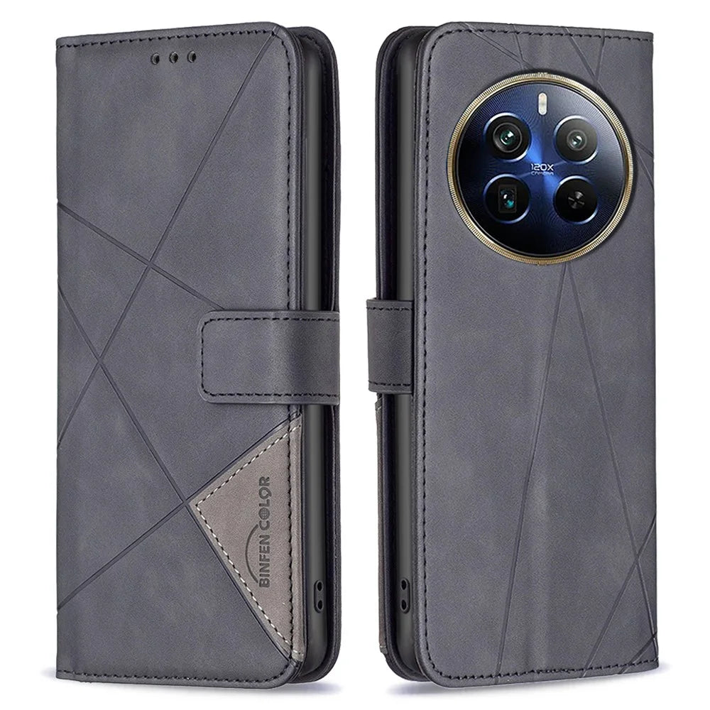 BINFEN COLOR For Realme 12 Pro 5G / 12 Pro+ 5G Phone Cases Wallet Stand Geometry Imprint Leather Cover - Black - 1