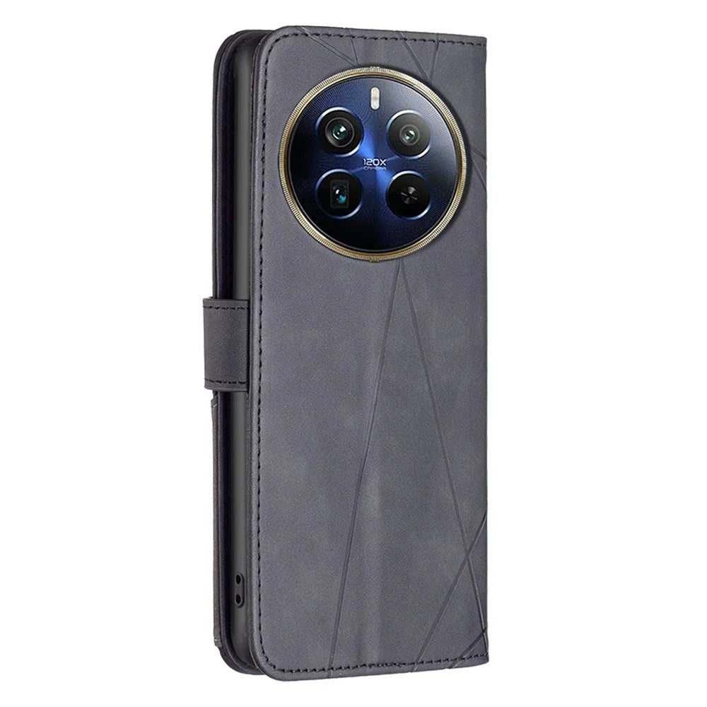 BINFEN COLOR For Realme 12 Pro 5G / 12 Pro+ 5G Phone Cases Wallet Stand Geometry Imprint Leather Cover - Black - 5