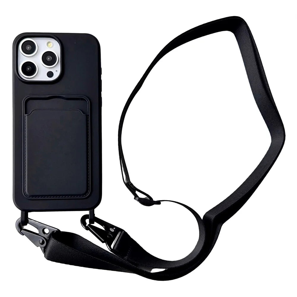 For iPhone 15 Pro Max Cell Phone Cases Drop-proof Liquid Silicone Cover with Wide Lanyard - Black - 1