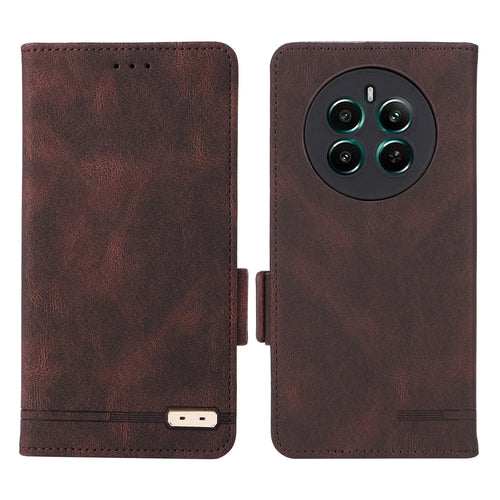 For Realme 12 4G / 12+ 5G Wallet Phone Case Hardware Decor PU Leather Folio Flip Cover - Coffee - 1