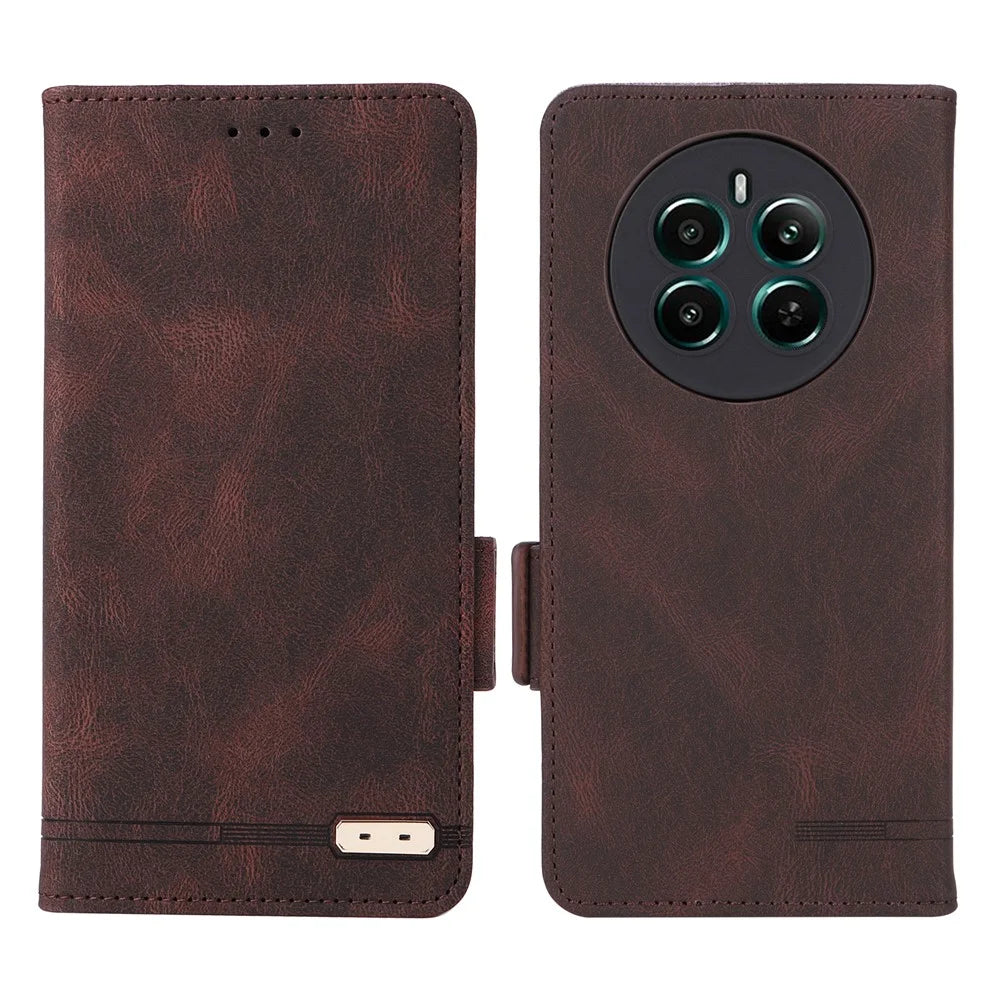 For Realme 12 4G / 12+ 5G Wallet Phone Case Hardware Decor PU Leather Folio Flip Cover - Coffee - 1