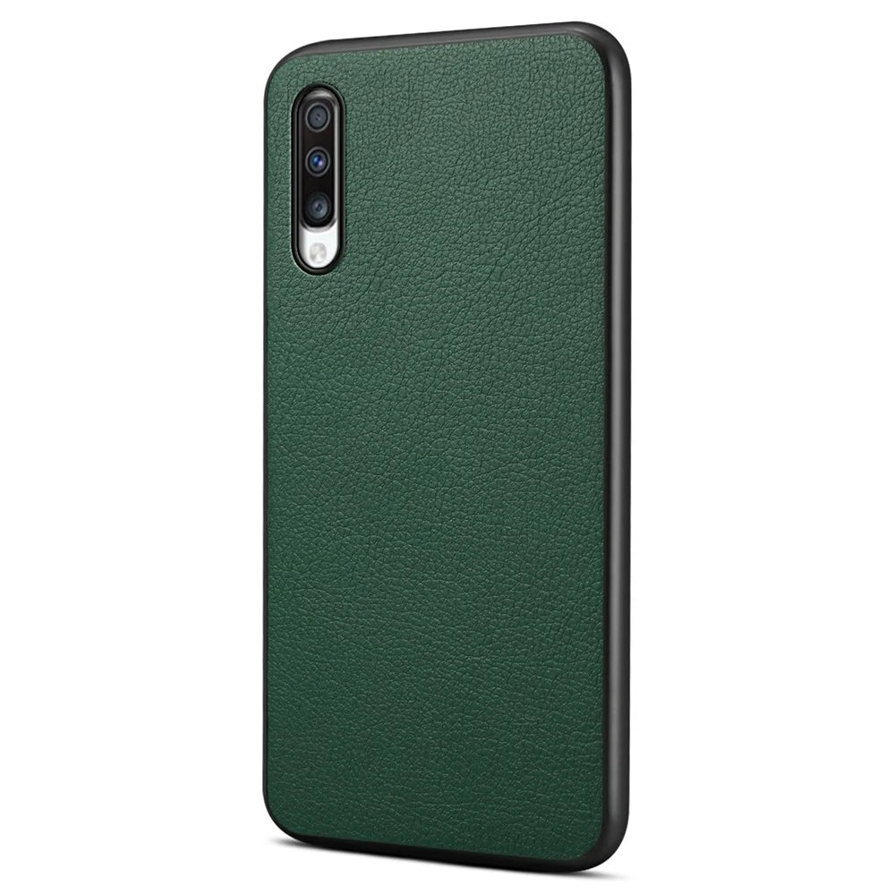 For Samsung Galaxy A70 Case PU Leather Drop Protection Phone Cover with Calf Texture - Green - 1