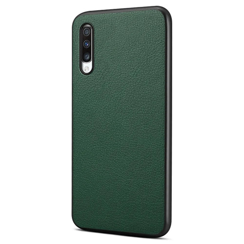 For Samsung Galaxy A70 Case PU Leather Drop Protection Phone Cover with Calf Texture - Green - 1