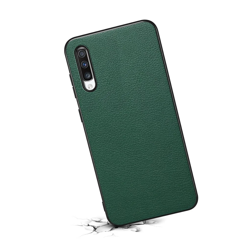 For Samsung Galaxy A70 Case PU Leather Drop Protection Phone Cover with Calf Texture - Green - 2