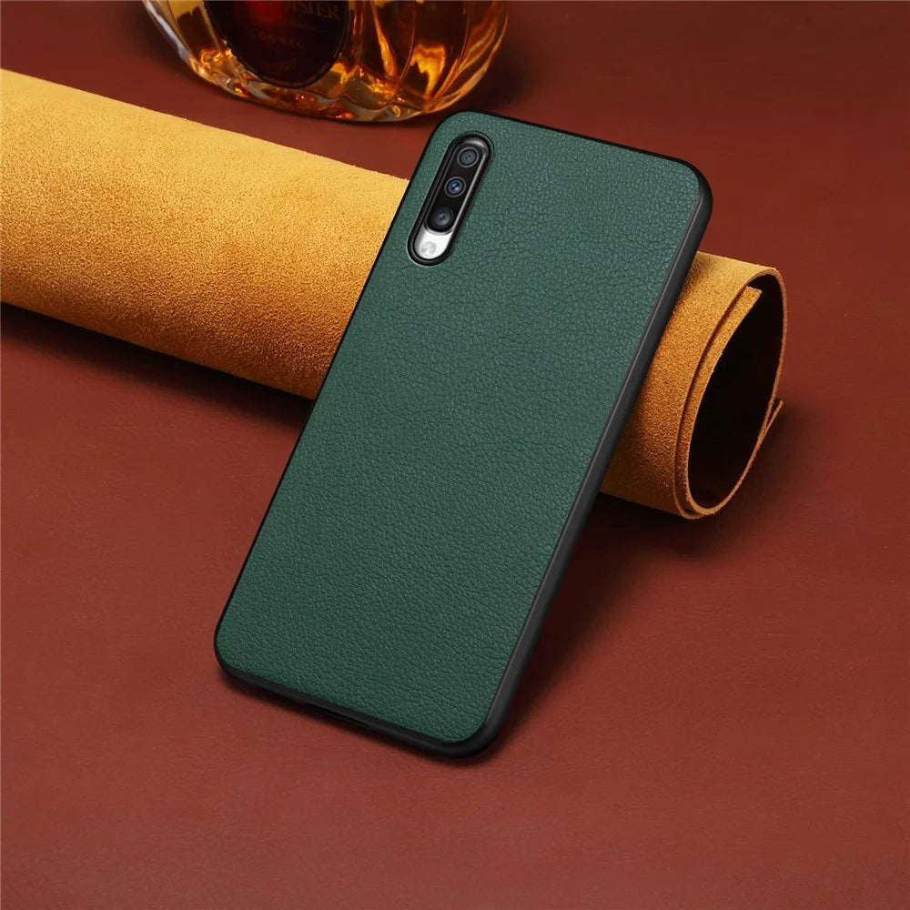 For Samsung Galaxy A70 Case PU Leather Drop Protection Phone Cover with Calf Texture - Green - 4