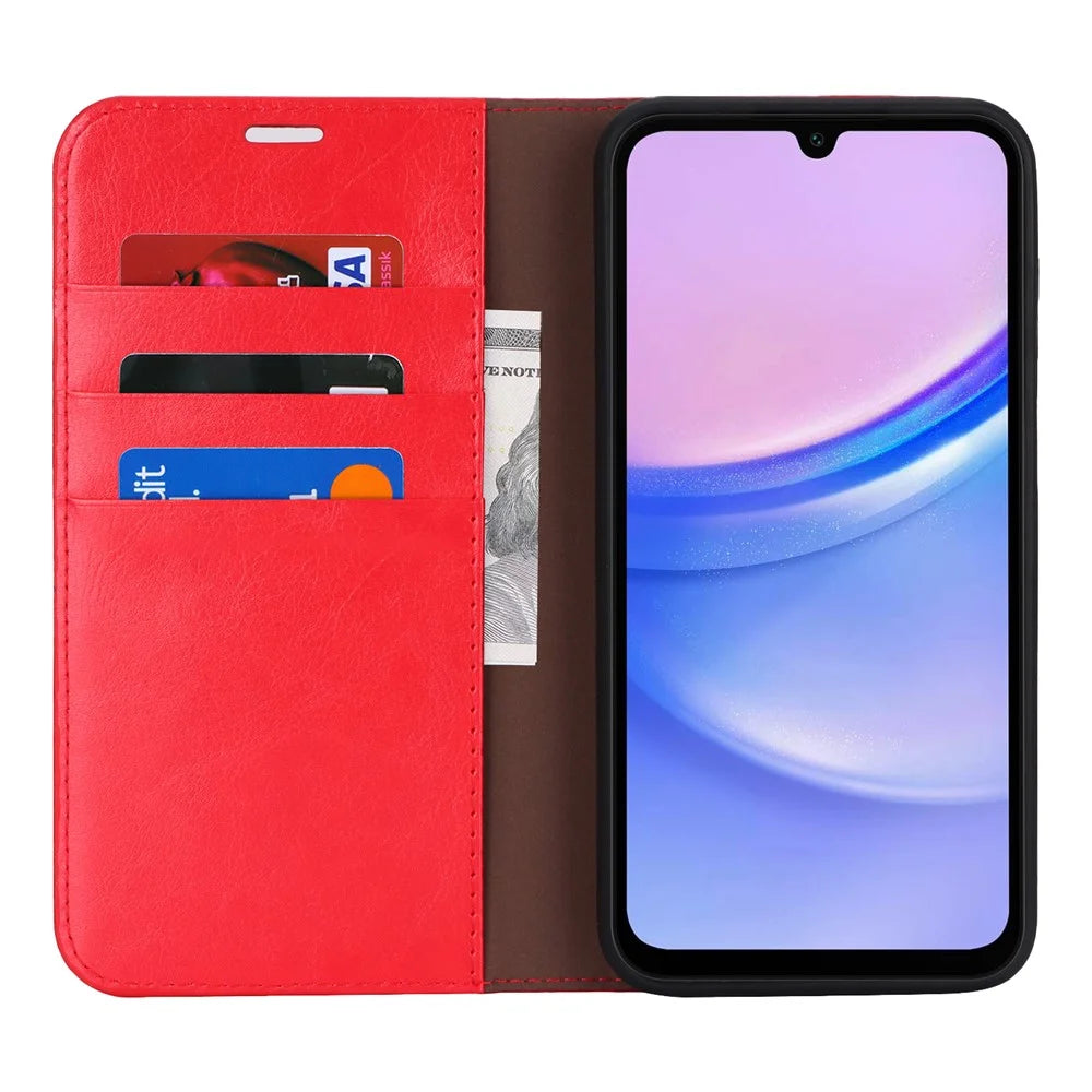 For Samsung Galaxy A15 5G Case Split Leather Crazy Horse Texture Stand Phone Cover - Red - 2