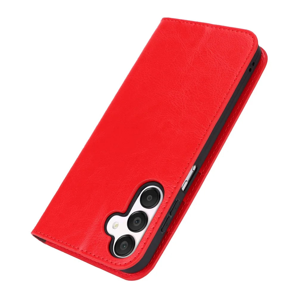 For Samsung Galaxy A15 5G Case Split Leather Crazy Horse Texture Stand Phone Cover - Red - 5