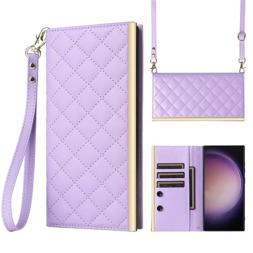 For Samsung Galaxy S24 Ultra Suction Cup PU Leather Phone Case Stand Wallet Phone Cover Shoulder Bag - Purple - 1
