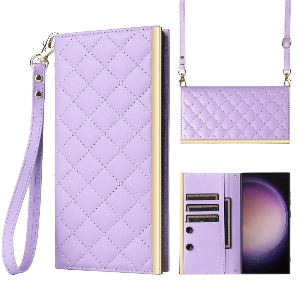 For Samsung Galaxy S24 Ultra Suction Cup PU Leather Phone Case Stand Wallet Phone Cover Shoulder Bag - Purple - 1