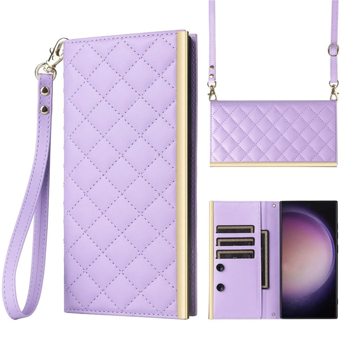 For Samsung Galaxy S24 Ultra Suction Cup PU Leather Phone Case Stand Wallet Phone Cover Shoulder Bag - Purple - 1