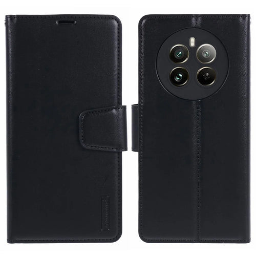 HANMAN Mill Series Phone Cover for Realme 12 4G / 12+ 5G Case PU Leather Wallet Phone Shell - Black - 1