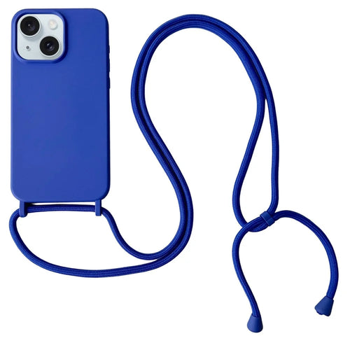 For iPhone 13 Crossbody Case Liquid Silicone Ultra Slim Fit Shockproof Phone Cover - Blue - 1