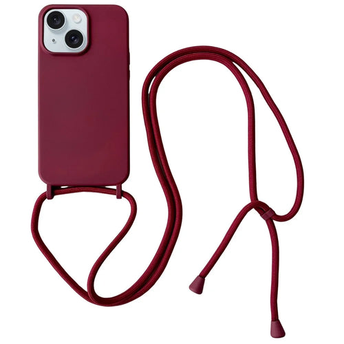 For iPhone 14 Plus Case Liquid Silicone Smooth Phone Cover with Adjustable Lanyard - Wine Red - 1