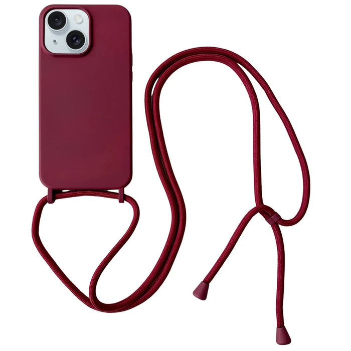 For iPhone 14 Plus Case Liquid Silicone Smooth Phone Cover with Adjustable Lanyard - Wine Red - 1