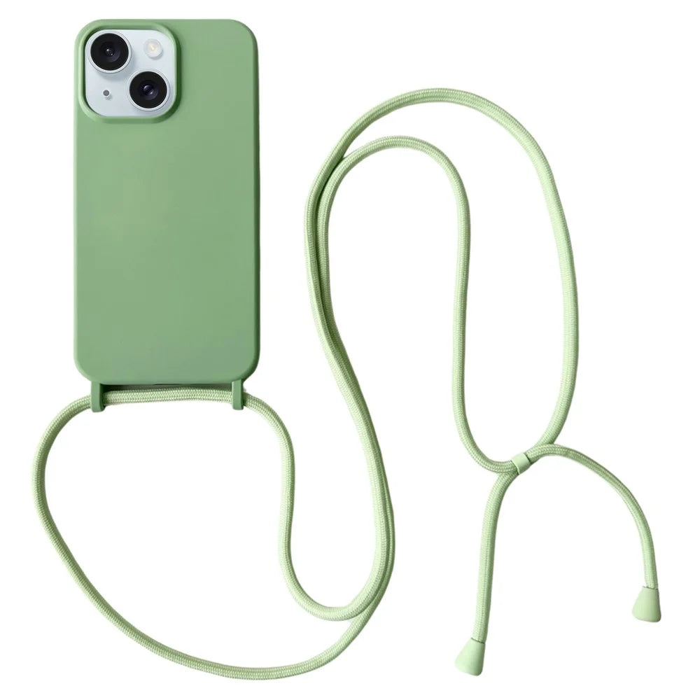 For iPhone 15 Plus Case Hands-Free Liquid Silicone Phone Cover with Lanyard Rope - Light Green - 1