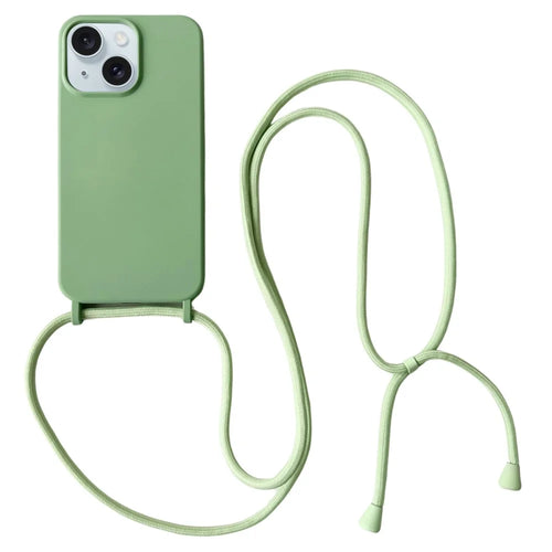 For iPhone 15 Plus Case Hands-Free Liquid Silicone Phone Cover with Lanyard Rope - Light Green - 1