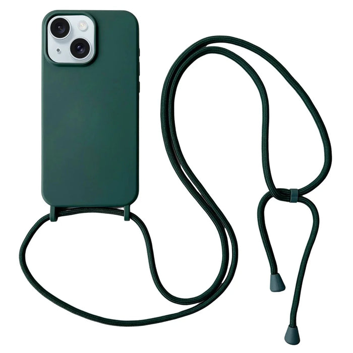 For iPhone 15 Case Liquid Silicone Soft Anti-Scratch Phone Cover with Crossbody Neck Strap - Blackish Green - 1