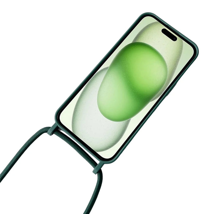 For iPhone 15 Case Liquid Silicone Soft Anti-Scratch Phone Cover with Crossbody Neck Strap - Blackish Green - 2