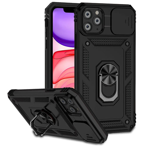 For iPhone 11 Pro Case Kickstand PC+TPU Hybrid Phone Shell with Camera Slide Cover -  Black - 1