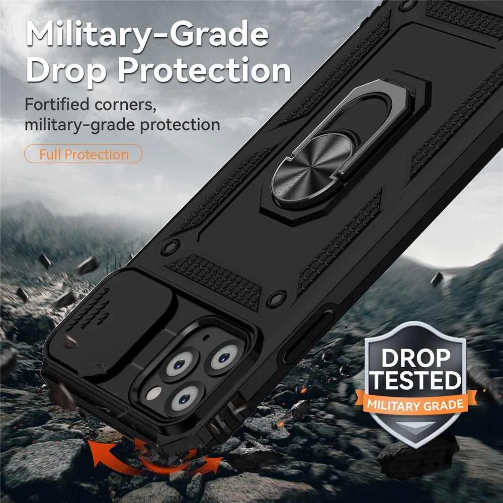 For iPhone 11 Pro Case Kickstand PC+TPU Hybrid Phone Shell with Camera Slide Cover -  Black - 2