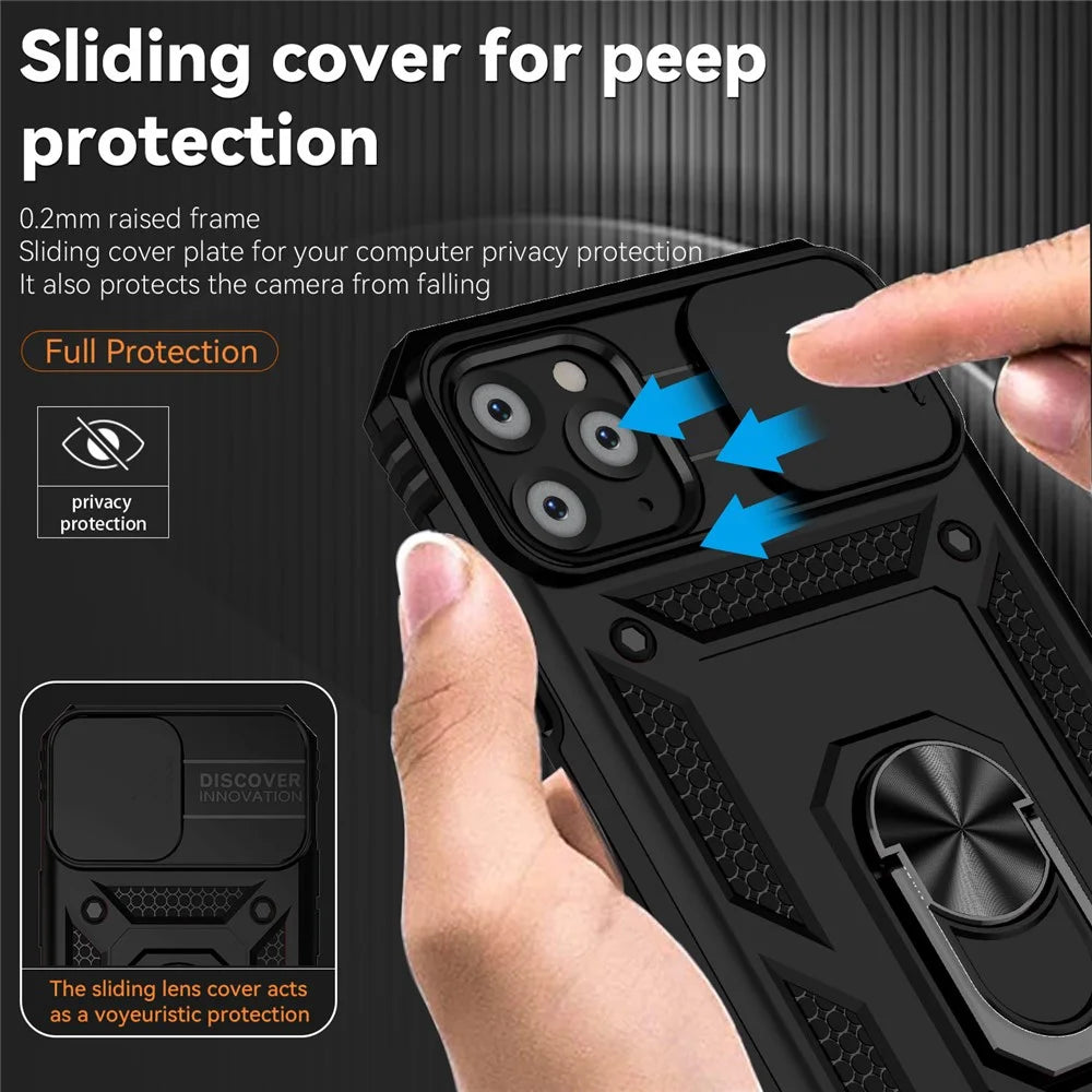 For iPhone 11 Pro Case Kickstand PC+TPU Hybrid Phone Shell with Camera Slide Cover -  Black - 4
