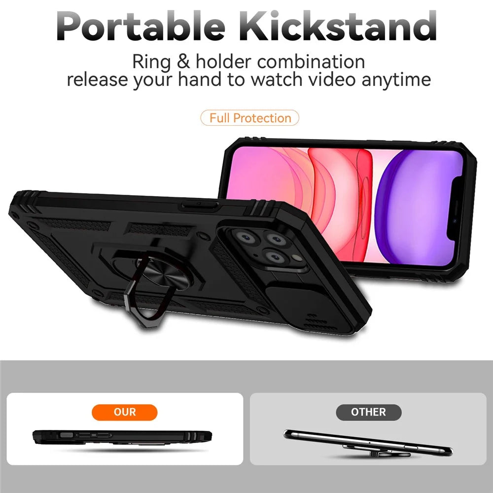 For iPhone 11 Pro Case Kickstand PC+TPU Hybrid Phone Shell with Camera Slide Cover -  Black - 7