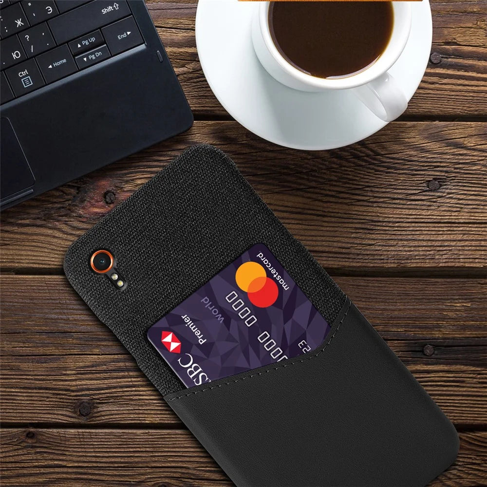 For Samsung Galaxy Xcover7 Case PU Leather+PC Cloth Texture Back Phone Cover with Card Slot - Black - 2