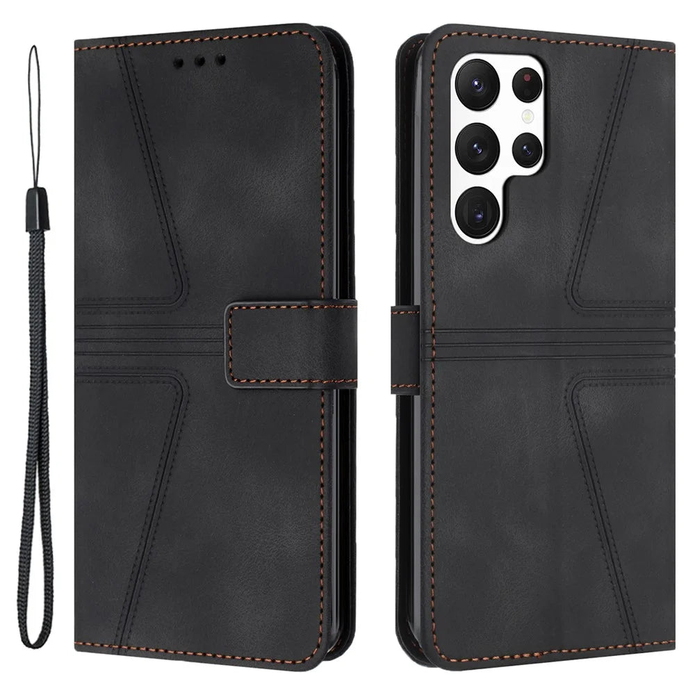 For Samsung Galaxy S23 Ultra Case Triangle Imprinted Wallet Phone Leather Protective Cover - Black - 1