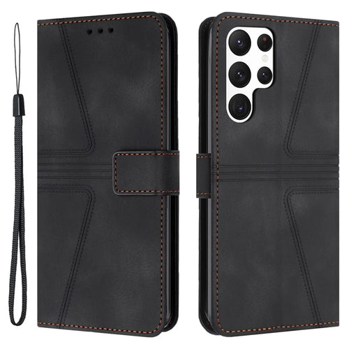 For Samsung Galaxy S23 Ultra Case Triangle Imprinted Wallet Phone Leather Protective Cover - Black - 1