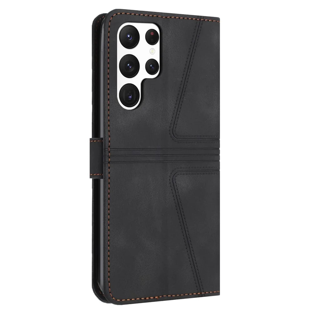 For Samsung Galaxy S23 Ultra Case Triangle Imprinted Wallet Phone Leather Protective Cover - Black - 7