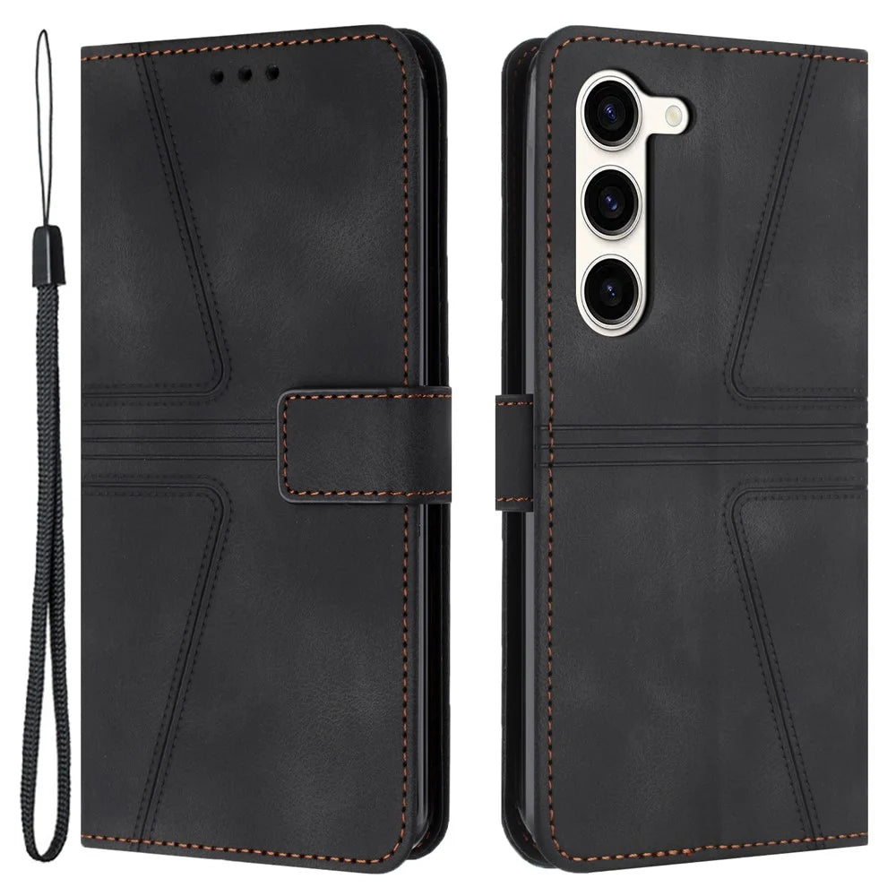 For Samsung Galaxy S23 Case Triangle Imprinted PU Leather Wallet Phone Cover - Black - 1