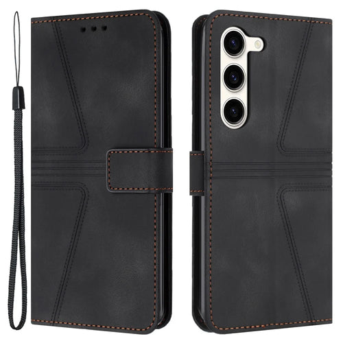 For Samsung Galaxy S23 Case Triangle Imprinted PU Leather Wallet Phone Cover - Black - 1