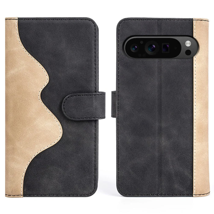 For Google Pixel 9 Pro XL Wallet Case PU Leather Color Splicing Cell Phone Cover - Black - 1