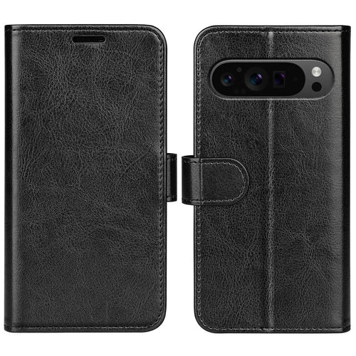 For Google Pixel 9 Pro XL Cell Phone Cases Crazy Horse Texture Magnetic Cover - Black - 1