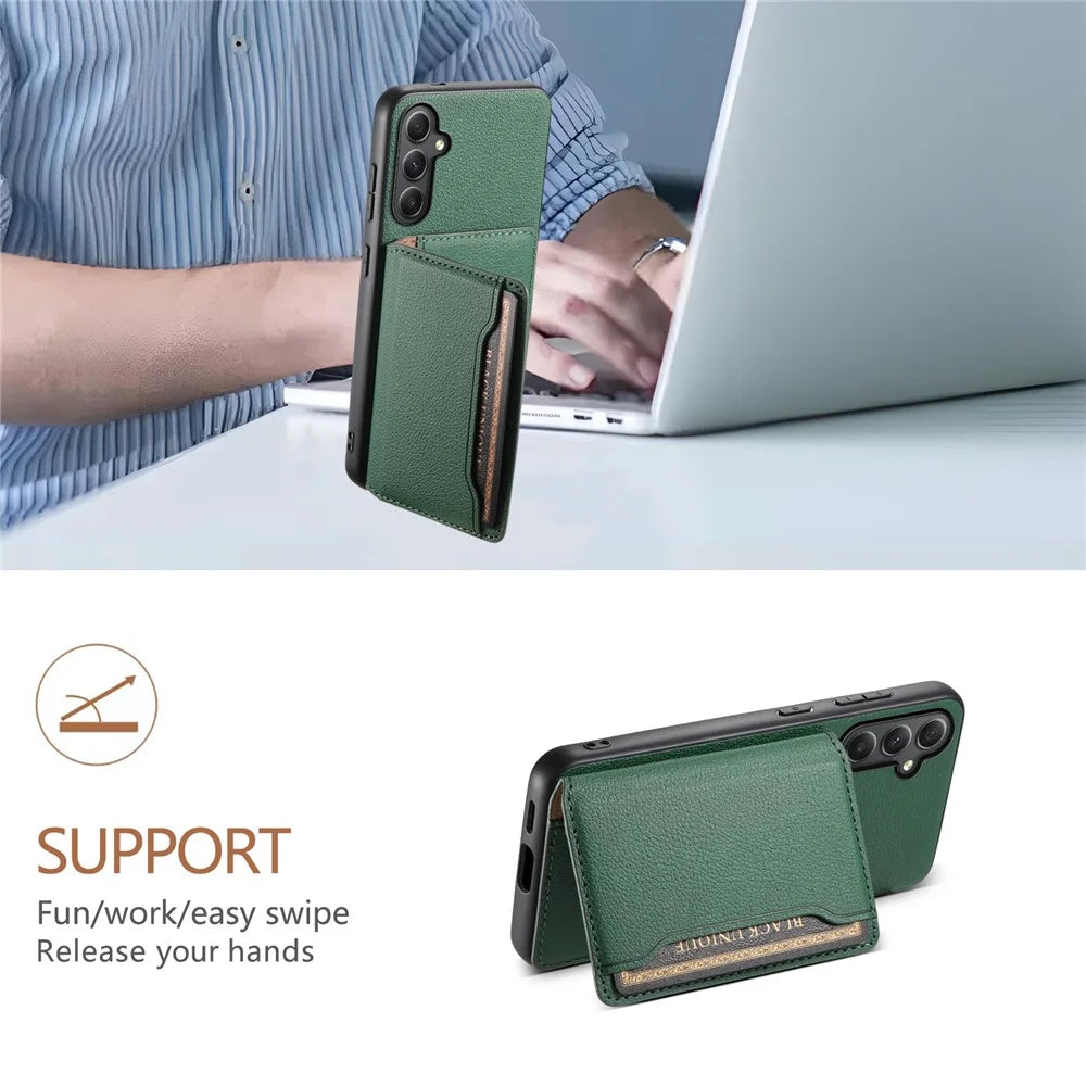 For Samsung Galaxy A35 5G Phone Case Kickstand Card Slots Leather+PC+TPU Hybrid Cover - Green - 5