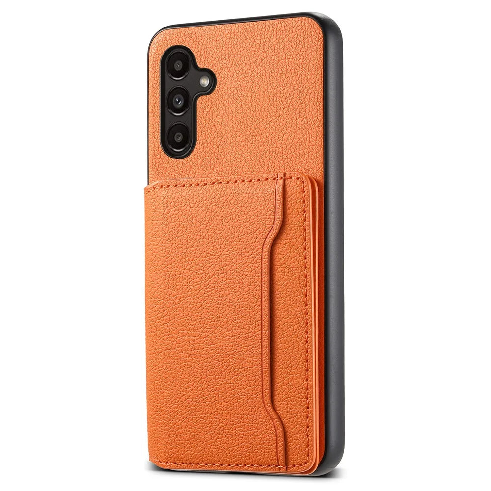 For Samsung Galaxy A15 5G Slim-Fit Case Card Slots Kickstand TPU+PC+PU Phone Cover - Orange - 1