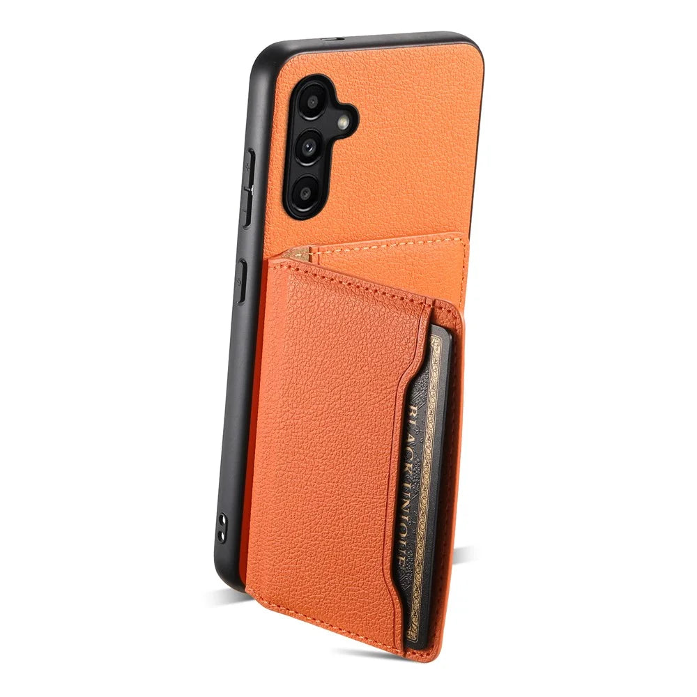 For Samsung Galaxy A15 5G Slim-Fit Case Card Slots Kickstand TPU+PC+PU Phone Cover - Orange - 2