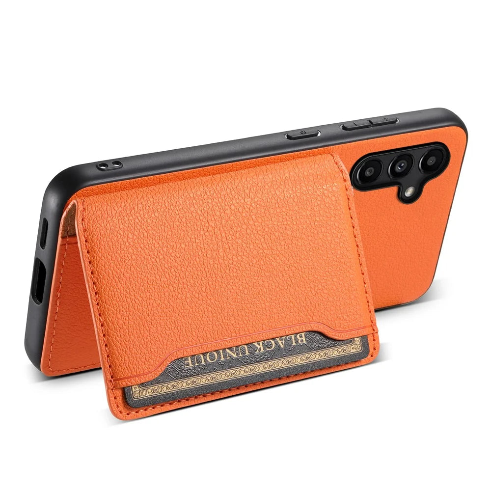 For Samsung Galaxy A15 5G Slim-Fit Case Card Slots Kickstand TPU+PC+PU Phone Cover - Orange - 3