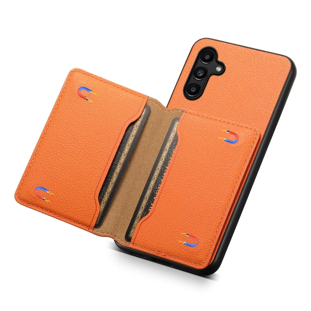 For Samsung Galaxy A15 5G Slim-Fit Case Card Slots Kickstand TPU+PC+PU Phone Cover - Orange - 4