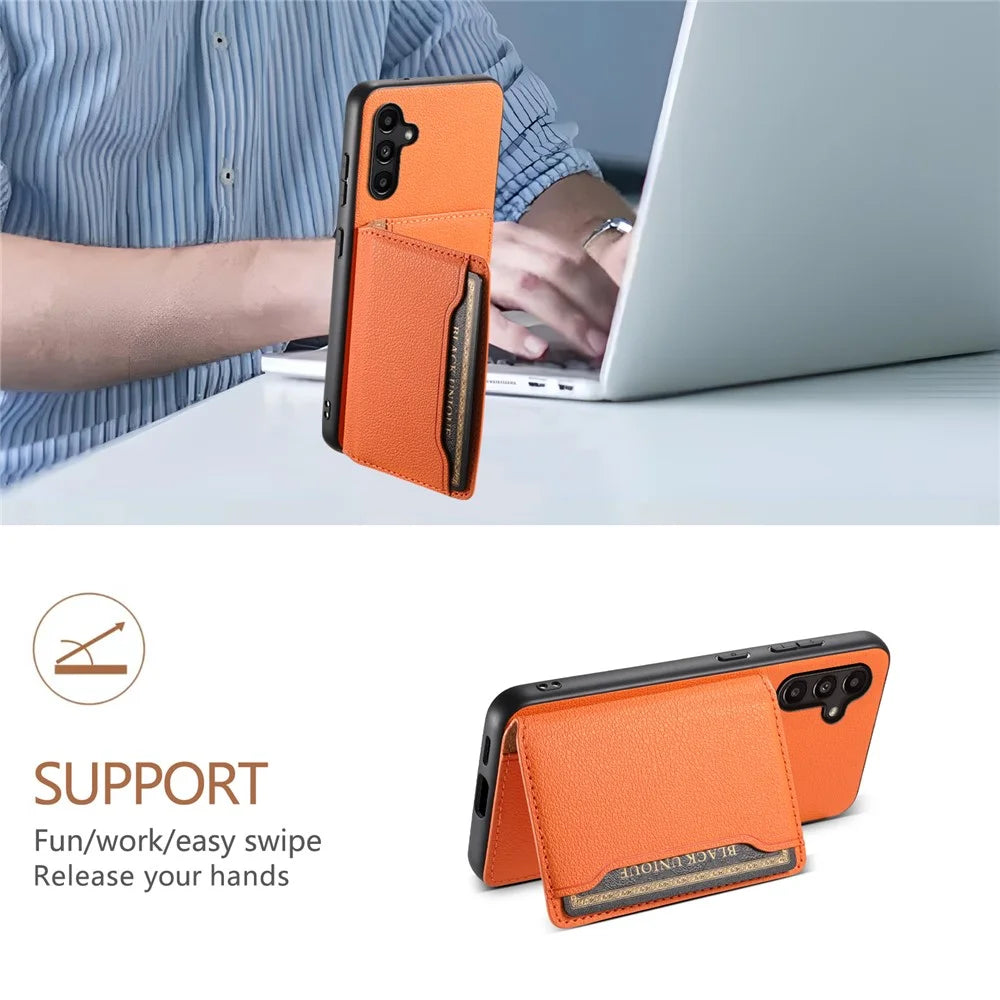For Samsung Galaxy A15 5G Slim-Fit Case Card Slots Kickstand TPU+PC+PU Phone Cover - Orange - 5