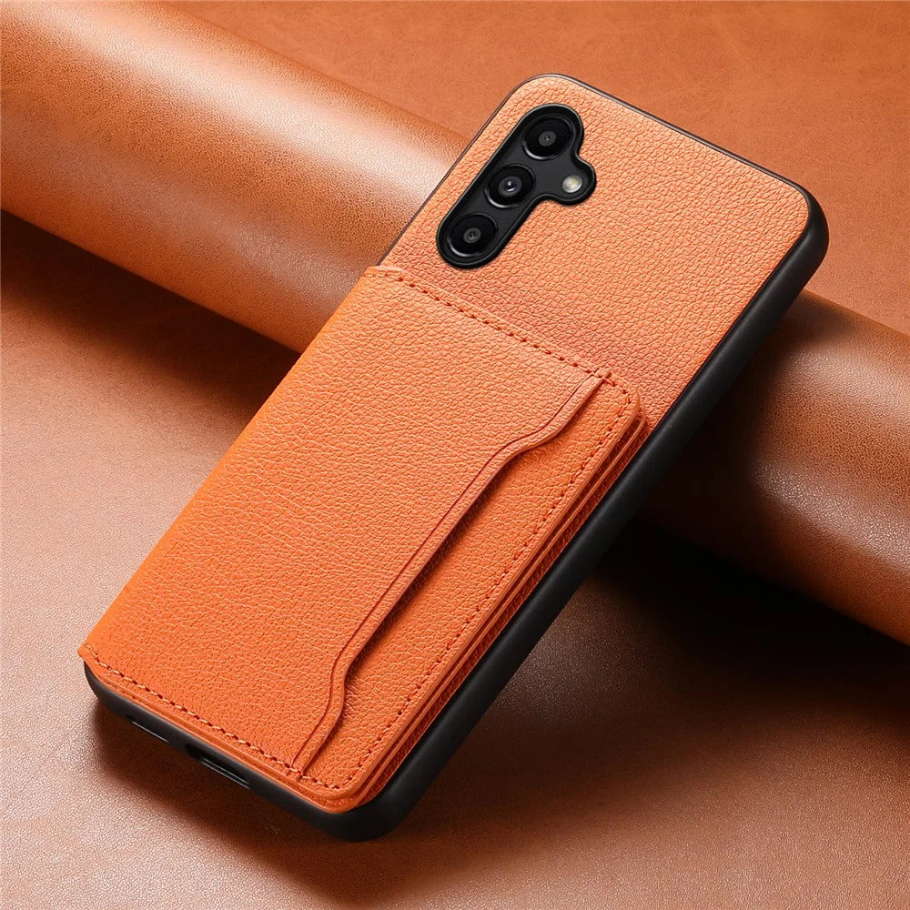 For Samsung Galaxy A15 5G Slim-Fit Case Card Slots Kickstand TPU+PC+PU Phone Cover - Orange - 6