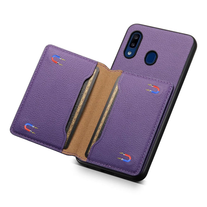 For Samsung Galaxy A20 / A30 Kickstand Case TPU+PC+PU Phone Cover with Card Slots - Purple - 4
