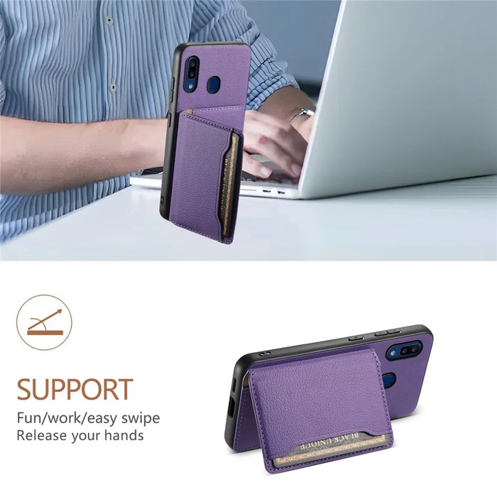 For Samsung Galaxy A20 / A30 Kickstand Case TPU+PC+PU Phone Cover with Card Slots - Purple - 5