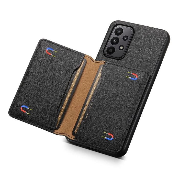 For Samsung Galaxy A23 4G / A23 5G (Global Version) Case Calf Texture Kickstand Smart Phone Cover - Black - 4