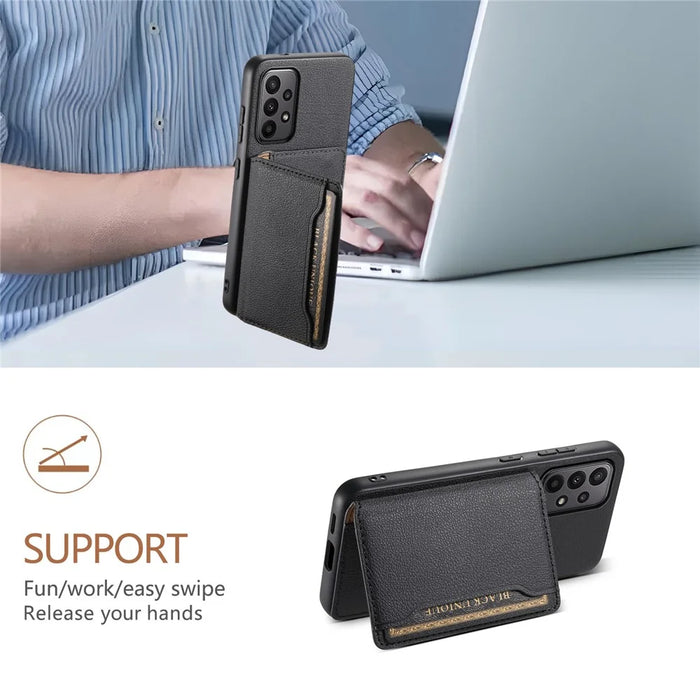 For Samsung Galaxy A23 4G / A23 5G (Global Version) Case Calf Texture Kickstand Smart Phone Cover - Black - 5
