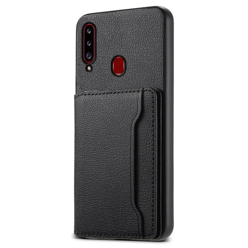 For Samsung Galaxy A20s Phone Case Card Slots Kickstand Phone Cover Calf Texture - Black - 1
